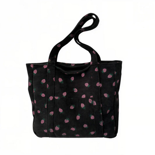 Sac cabas velours motif fraise noir — vue de face sur fond blanc