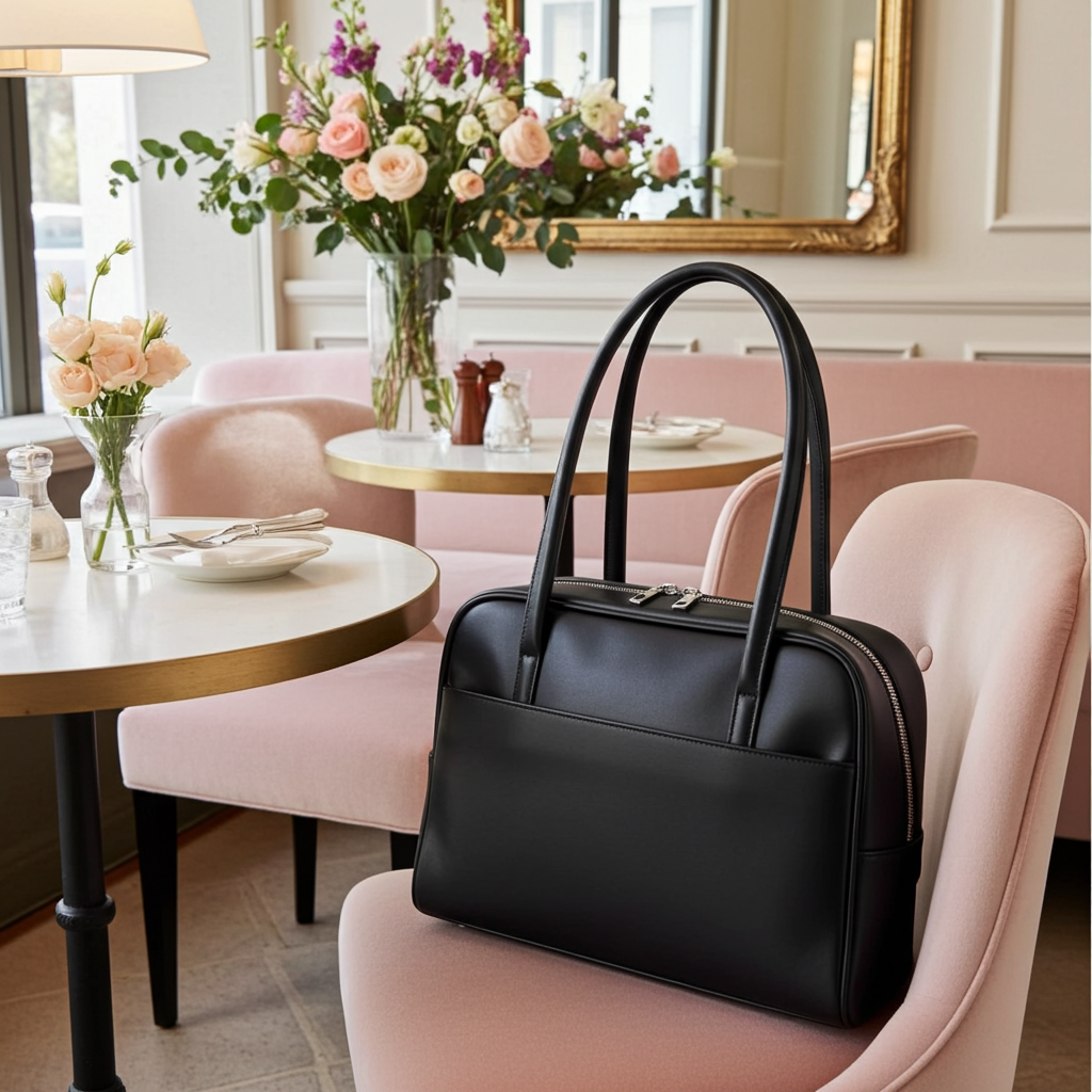 Sac cabas minimaliste noir — porté en restaurant en situation