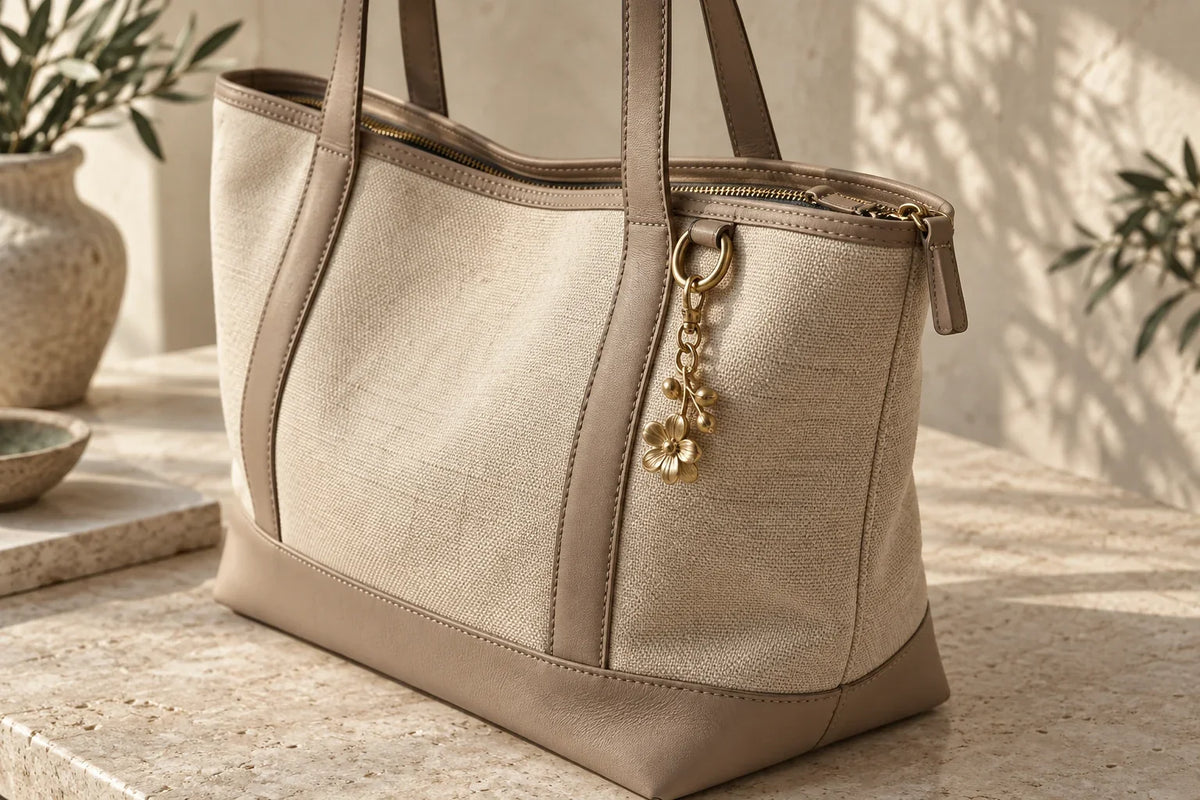 Bijou doré fixé à l’anneau d’un sac cabas beige Image