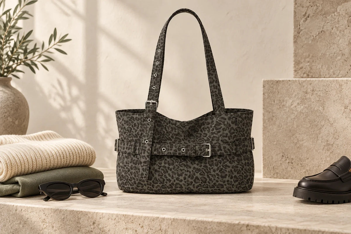 Sac cabas léopard porté avec des basiques neutres Image