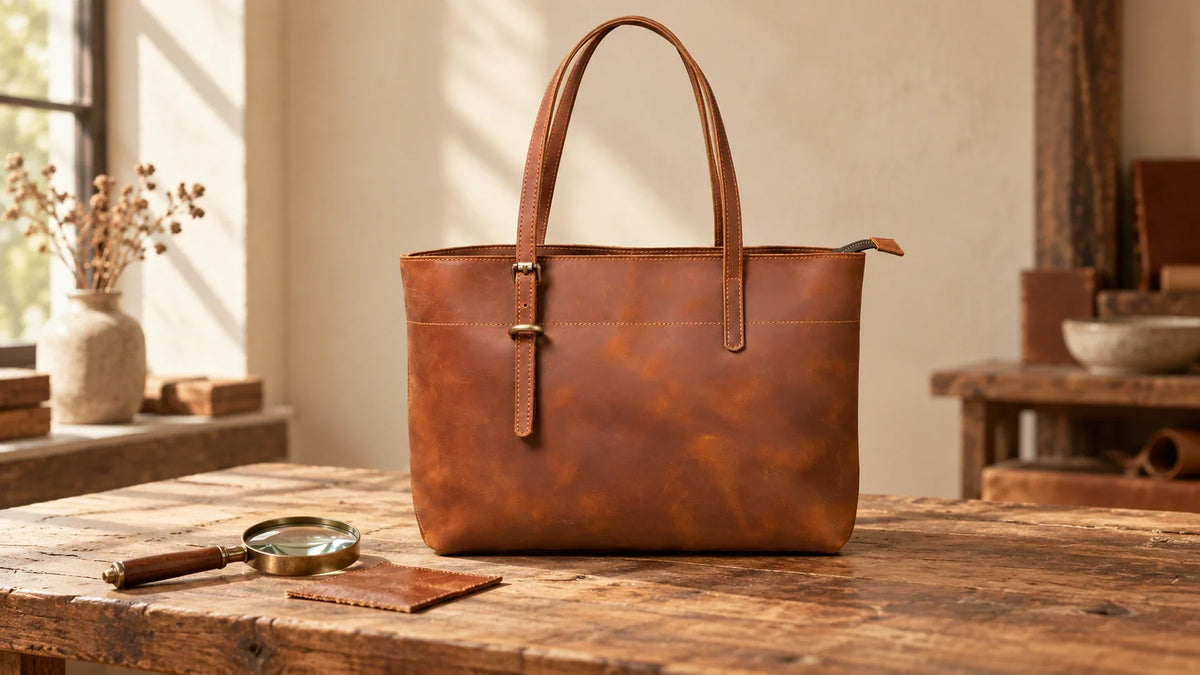 Sac cabas en cuir ciré marron avec loupe et échantillon de cuir Image