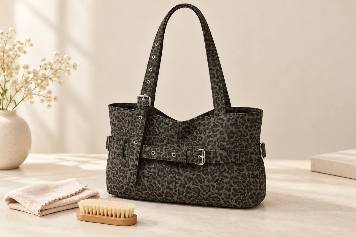 Sac cabas léopard avec chiffon microfibre et brosse douce pour son entretien Image