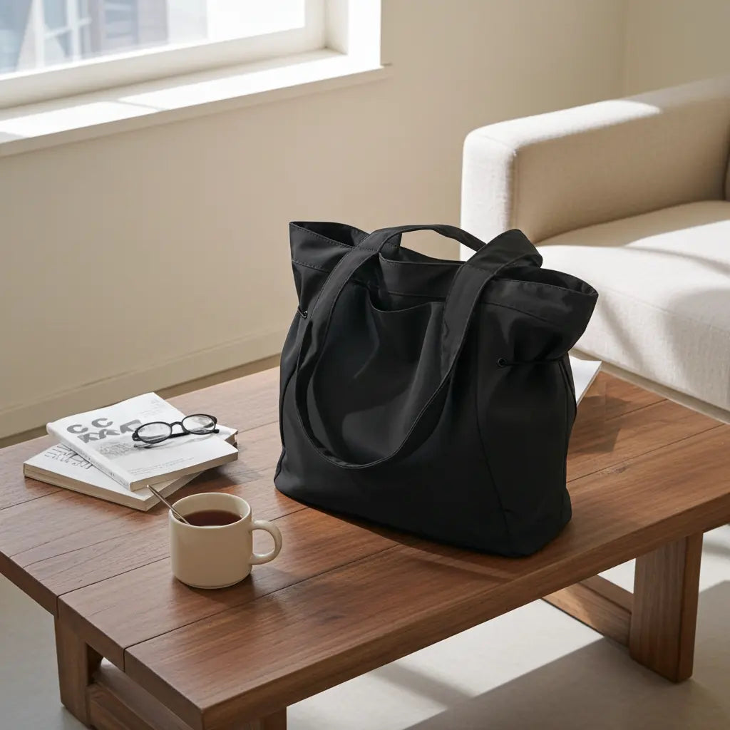 Grand sac cabas en toile posé sur table — sac fourre-tout vs sac de courses