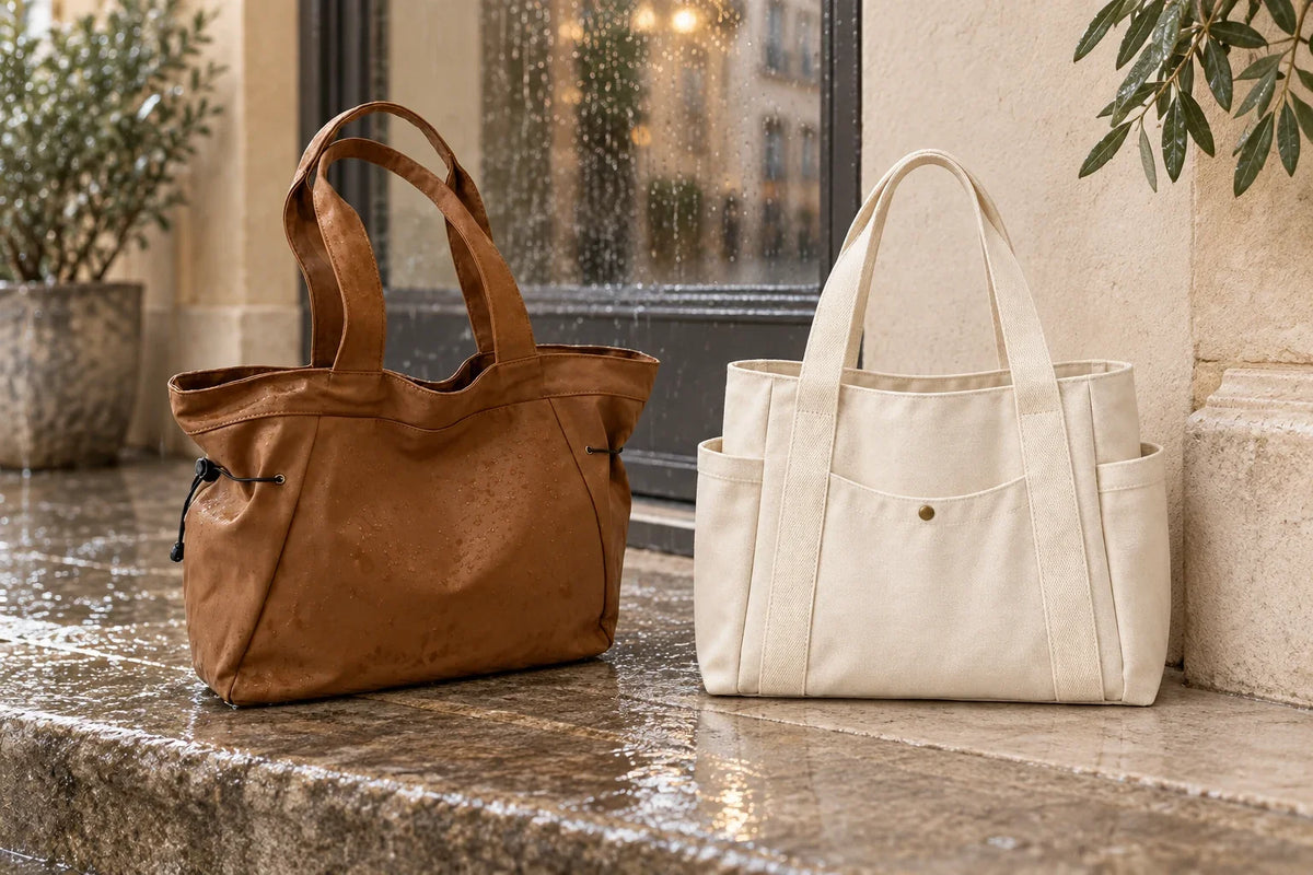 Comparaison d’un sac cabas en nylon et en toile sous la pluie Image