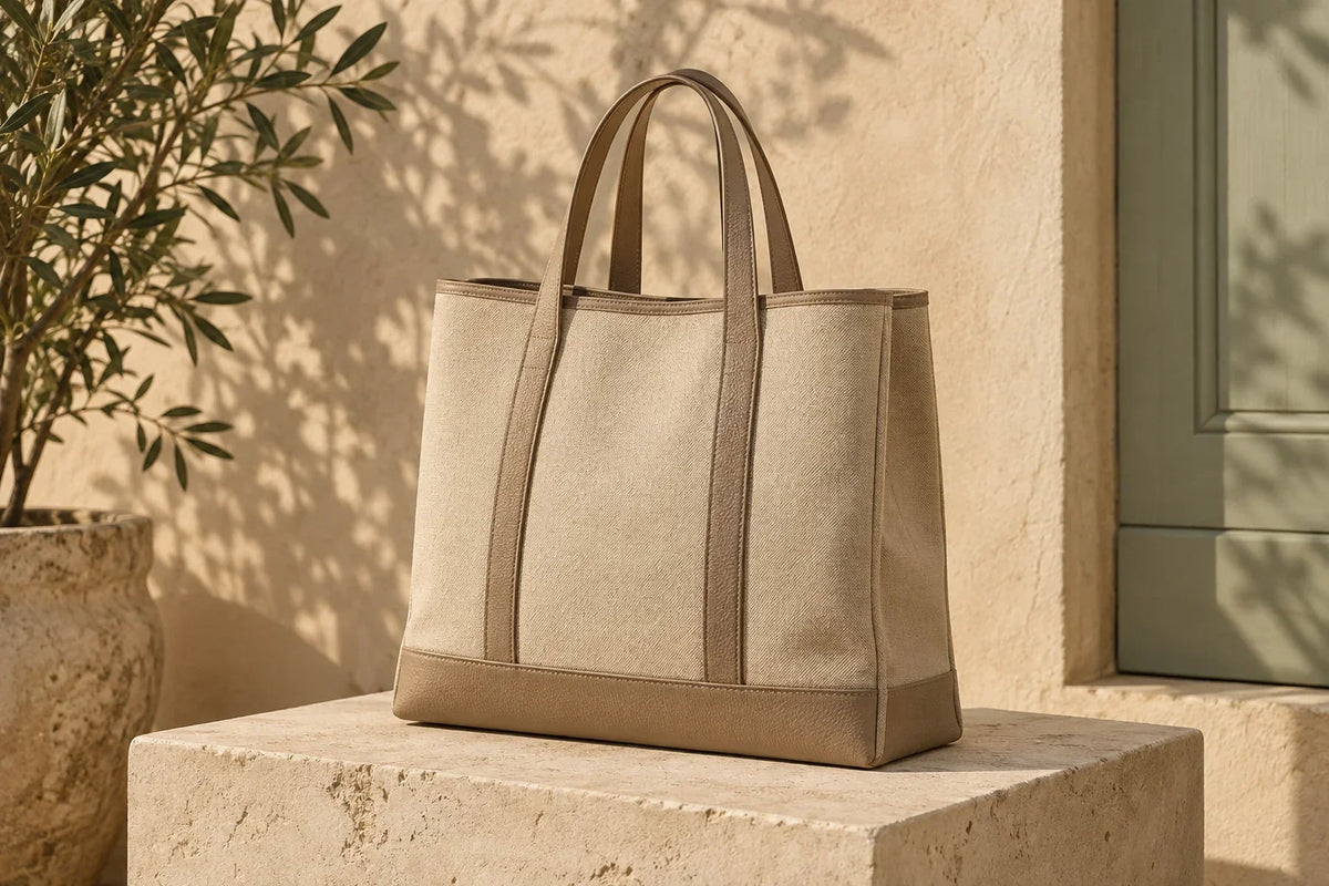 Sac cabas structuré beige tenant debout sur un socle en pierre Image