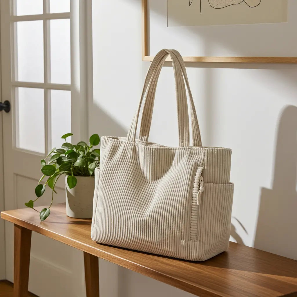 Sac cabas en velours avec indispensables du sac à main — guide pratique