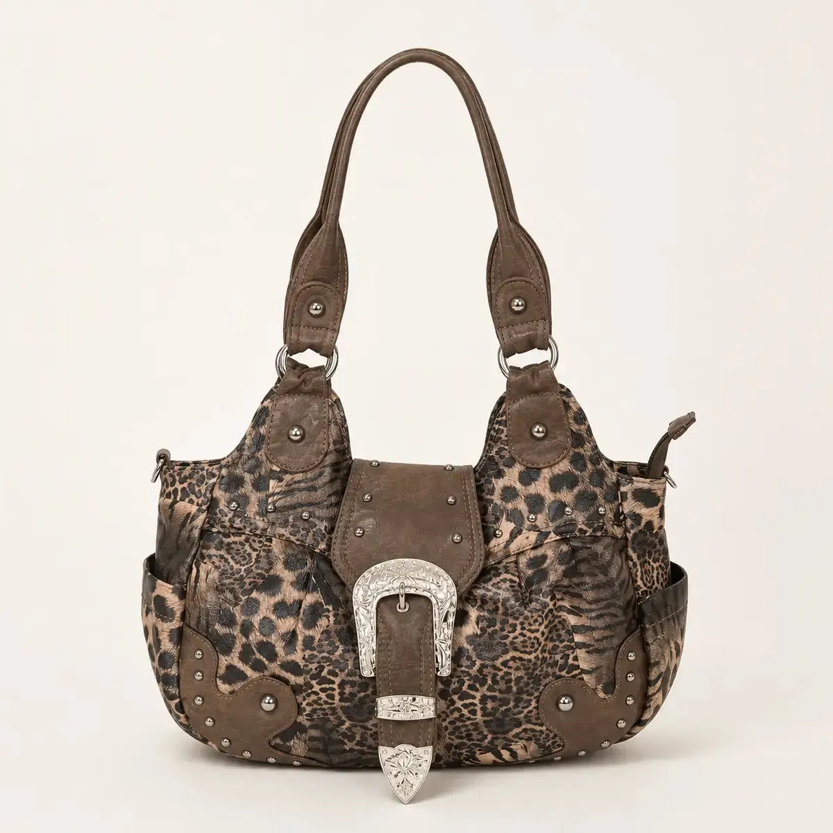 Sac cabas imprimé léopard rétro multipoche, vue de face sur fond uni Image