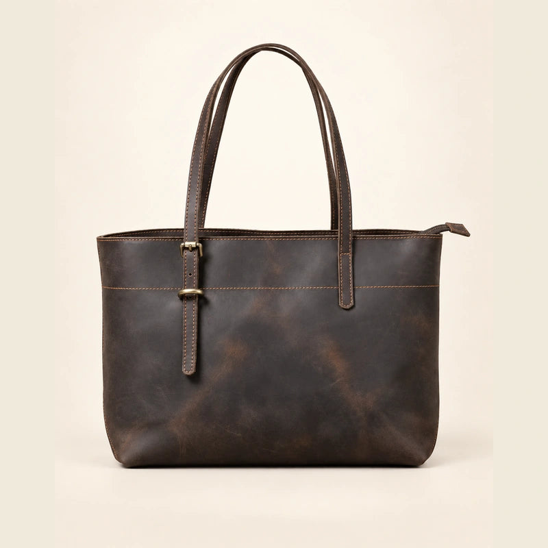 Sac cabas cuir ciré femme café, vue de face