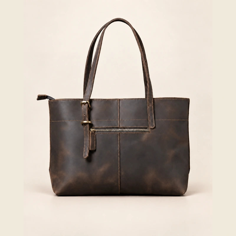 Sac cabas cuir ciré femme café, vue de dos