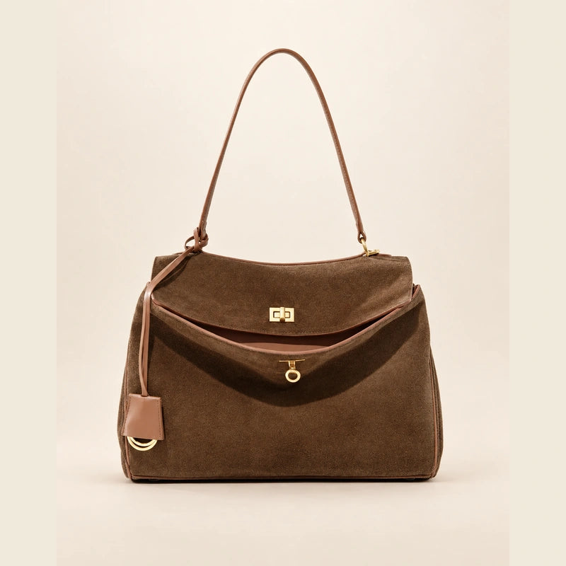Sac cabas daim doublure cuir femme — marron grand 01 face