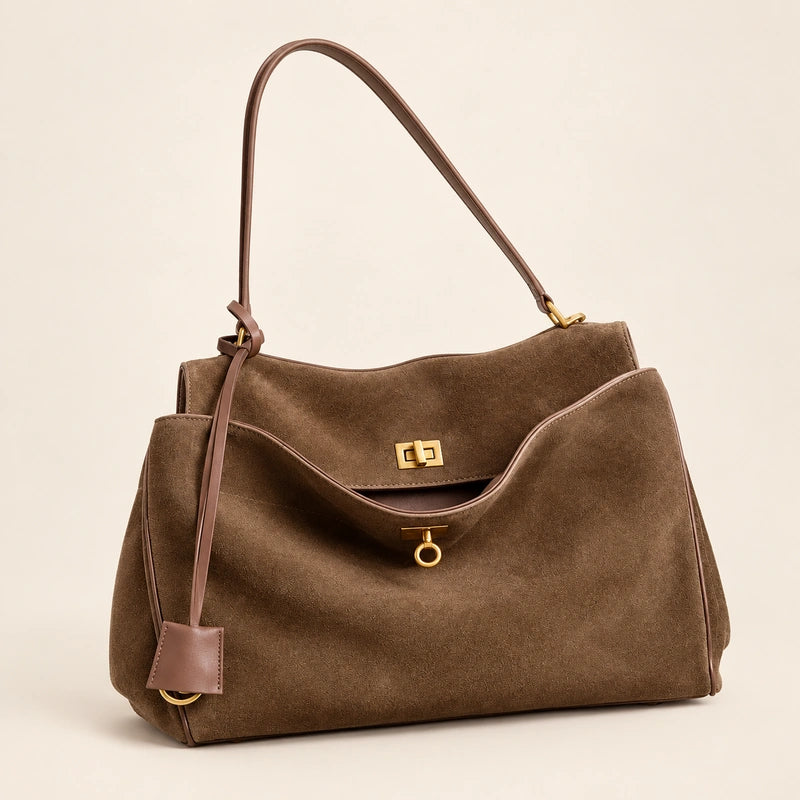 Sac cabas daim doublure cuir femme — marron grand 04 trois quarts