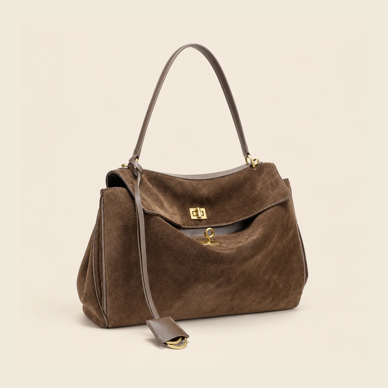 Sac cabas daim doublure cuir femme — marron petit 04 trois quarts
