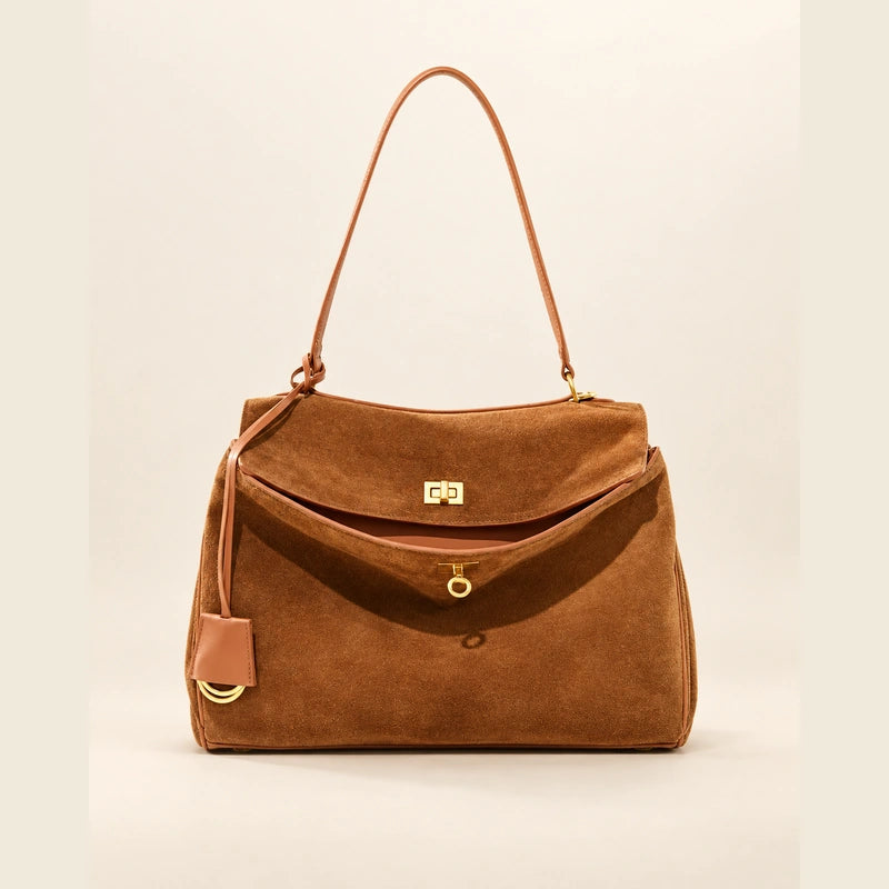Sac cabas daim doublure cuir femme — orange grand 01 face
