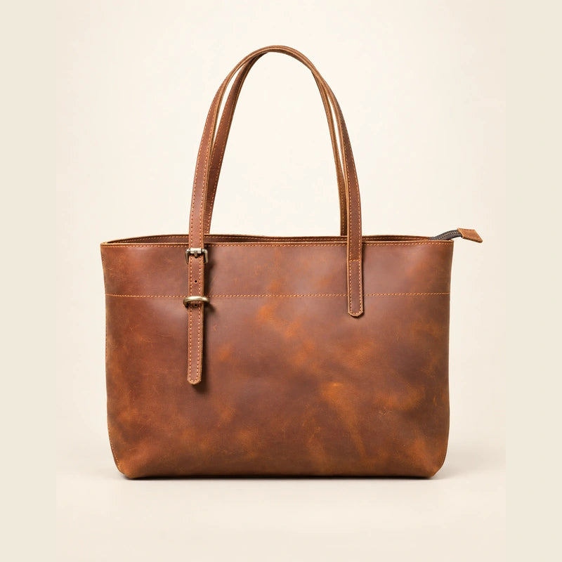 Sac cabas cuir ciré femme marron, vue de face