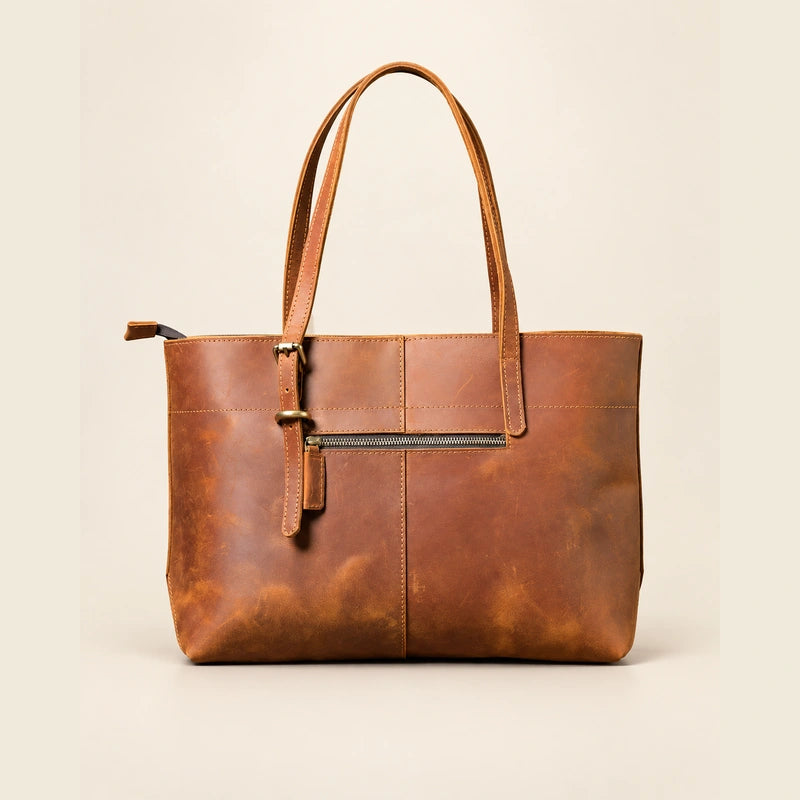 Sac cabas cuir ciré femme marron, vue de dos