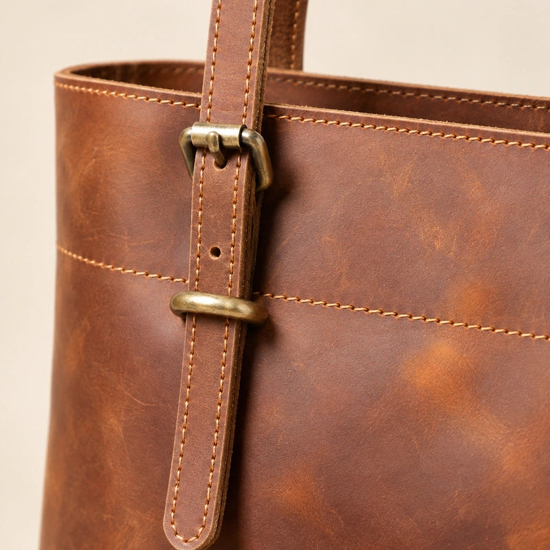 Sac cabas cuir ciré femme marron, détail de la boucle