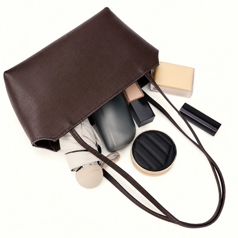 Mini sac cabas cuir grainé femme café avec accessoires sans logos