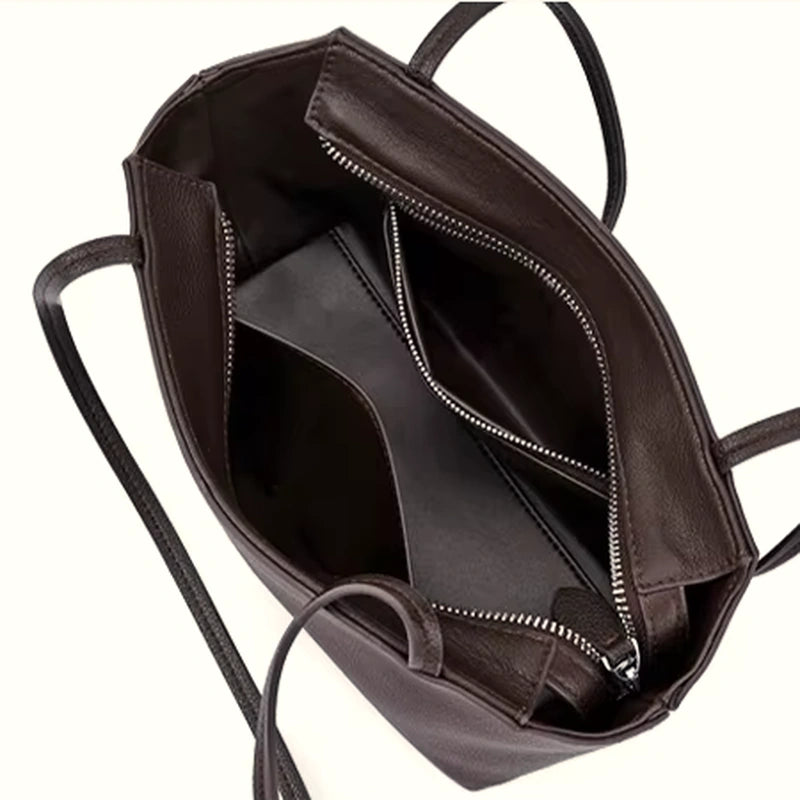 Mini sac cabas cuir grainé femme café, vue intérieure des compartiments