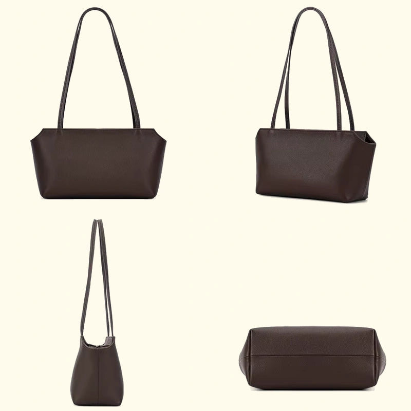 Mini sac cabas cuir grainé femme café, quatre vues du sac sans légendes