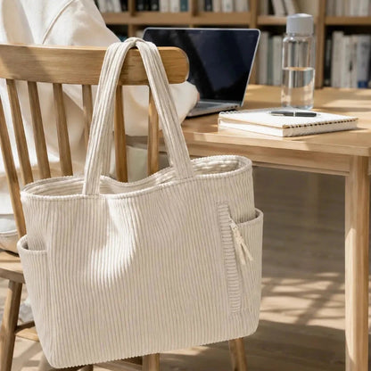 sac cabas velours scolaire accroché à une chaise de bibliothèque