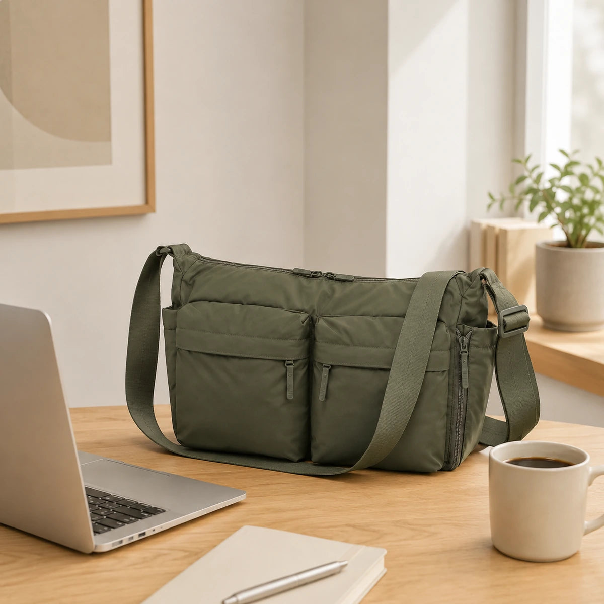sac cabas bandouliere en nylon vert sur bureau