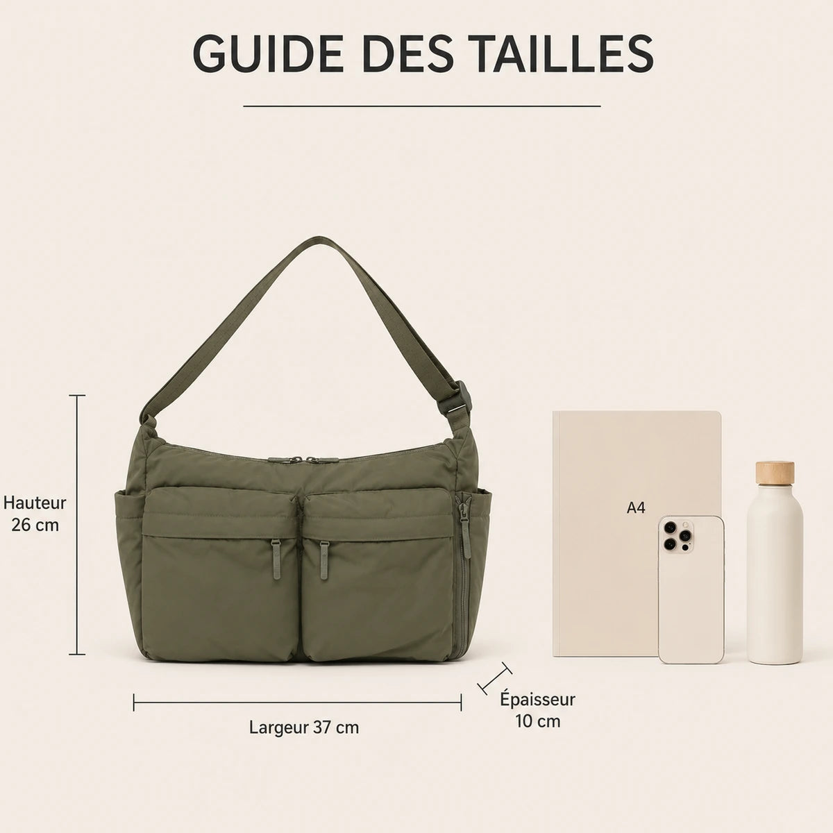 sac cabas bandouliere nylin sur fond blanc comparé à taille cahier, iphone et gourde