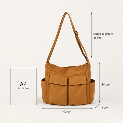 Sac cabas bandouliere marron vue sur fond blanc avec taille