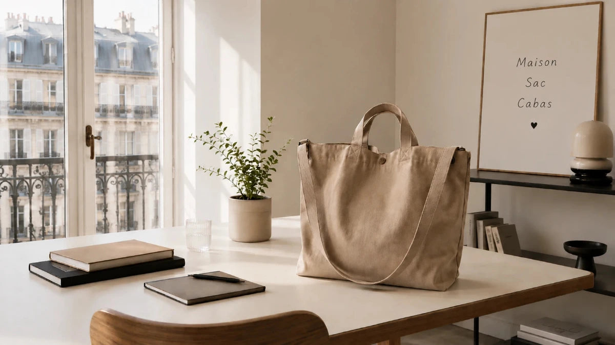 Sac cabas beige posé sur un bureau dans un appartement parisien