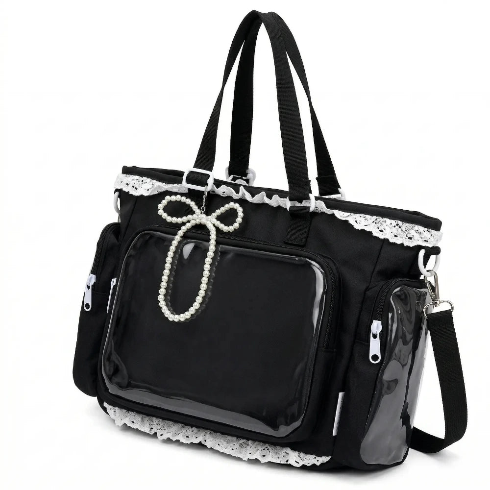 Grand sac de cours japonais cabas nylon noir — vue de face sur fond blanc