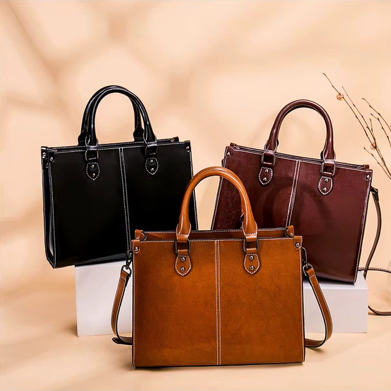 Sac cabas cuir bandoulière femme, vues des coloris noir, café et marron