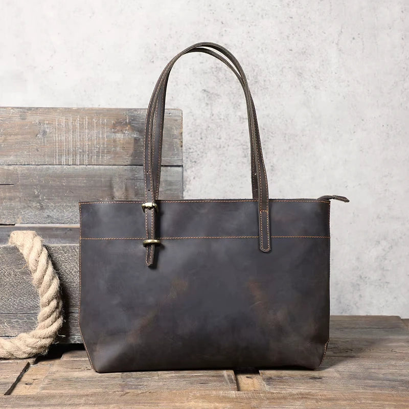 Sac cabas cuir ciré femme café, vue de face