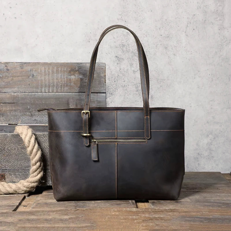 Sac cabas cuir ciré femme café, vue de dos