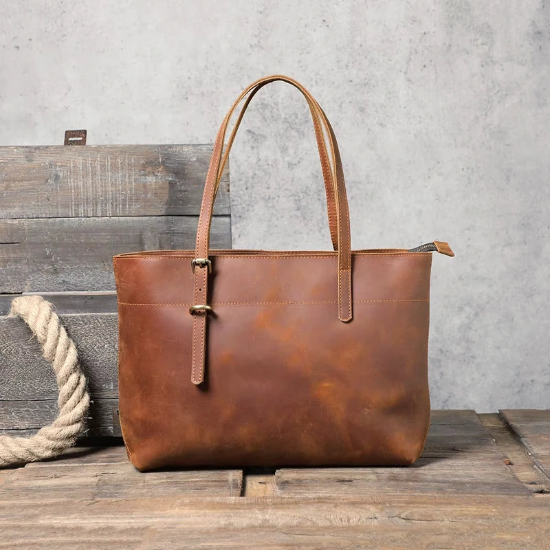 Sac cabas cuir ciré femme marron, vue de face