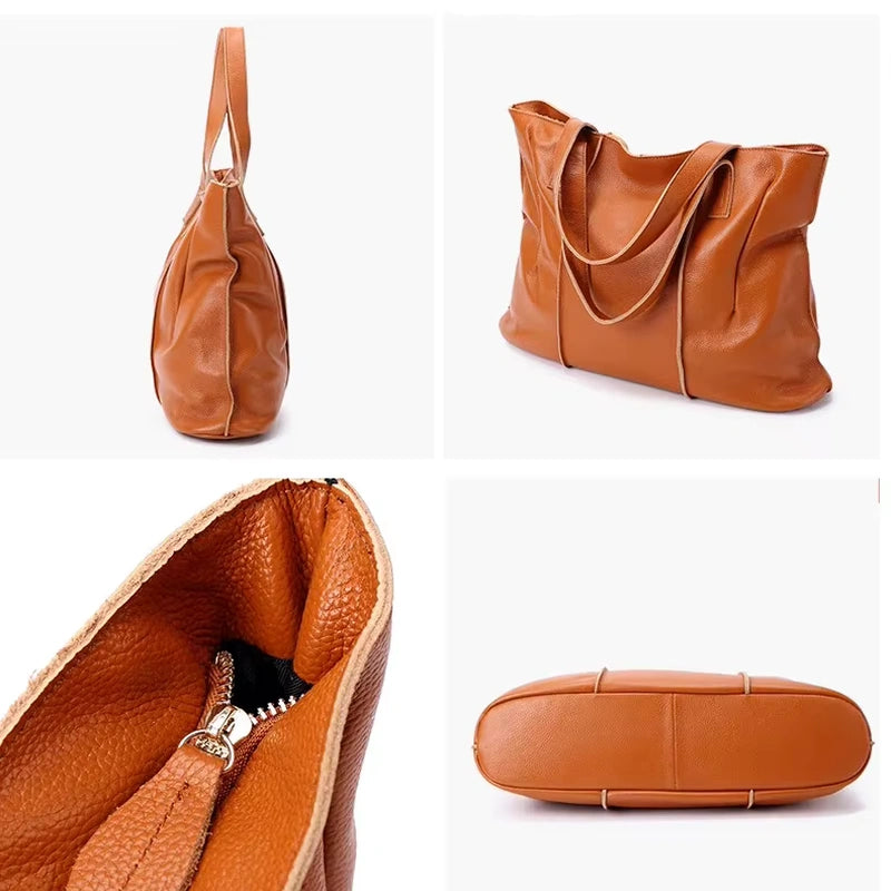 Sac cabas cuir grand format femme cognac, vues du profil, du dos, de la fermeture et du fond