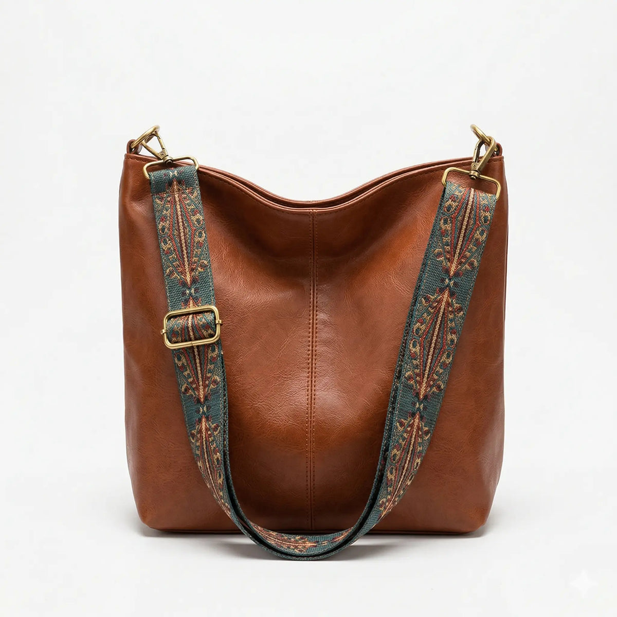 Sac cabas simili-cuir bandoulière brodée marron — vue de face sur fond blanc