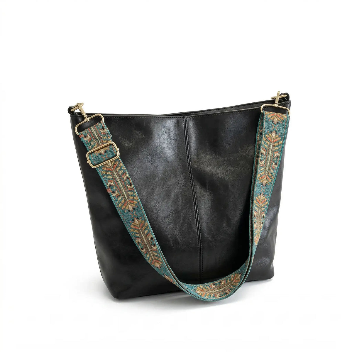 Sac cabas simili-cuir bandoulière brodée noir — vue de face sur fond blanc