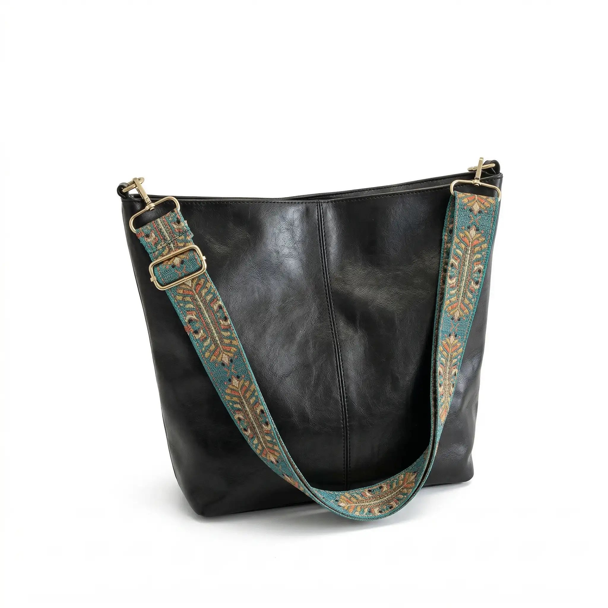 Sac cabas simili-cuir bandoulière brodée noir — vue de face sur fond blanc