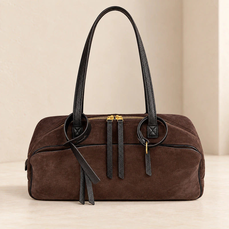 Sac cabas cuir velours femme café grand, vue de face