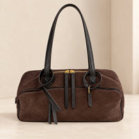 Sac cabas cuir velours femme café grand, vue de face