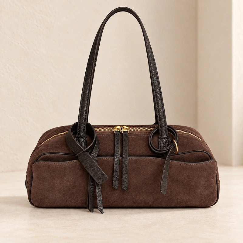 Sac cabas cuir velours femme café petit, vue de face