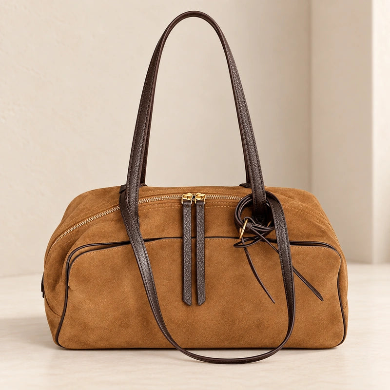 Sac cabas cuir velours femme marron grand, vue de face