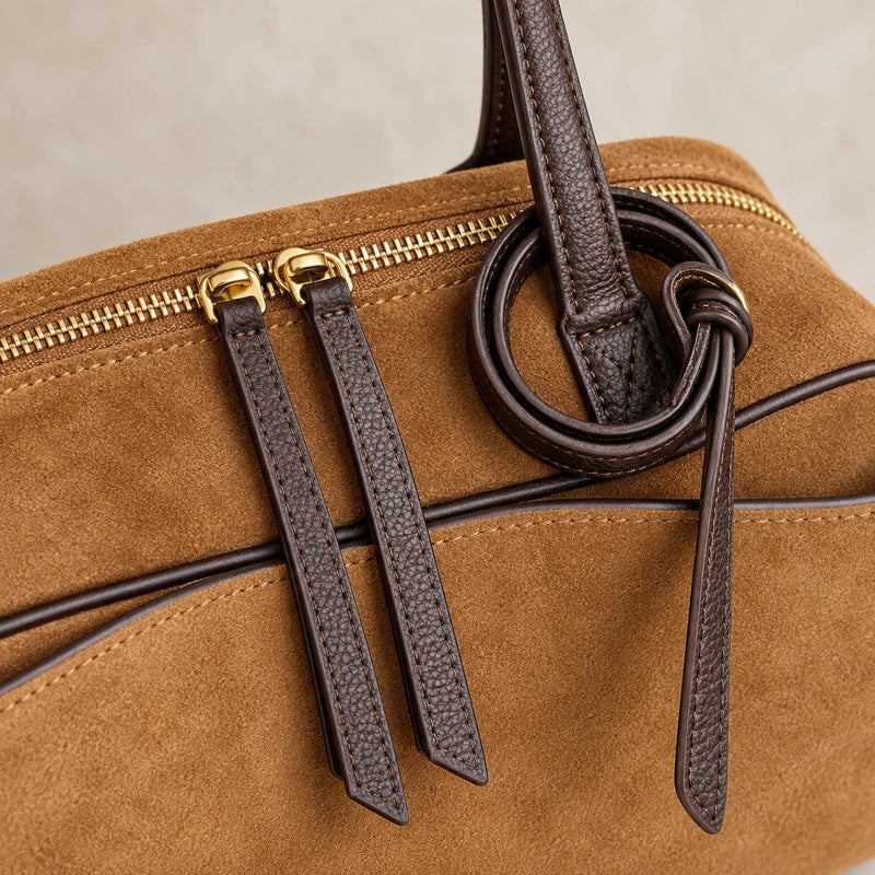 Sac cabas cuir velours femme marron petit, détail des anses et fermeture