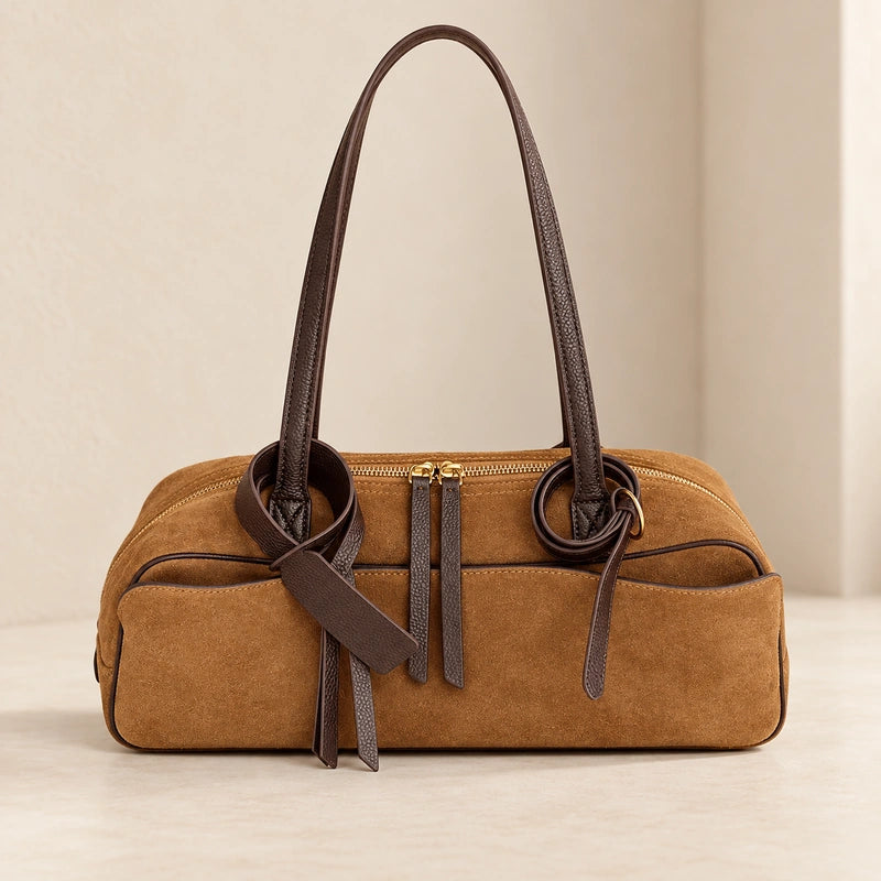 Sac cabas cuir velours femme marron petit, vue de face