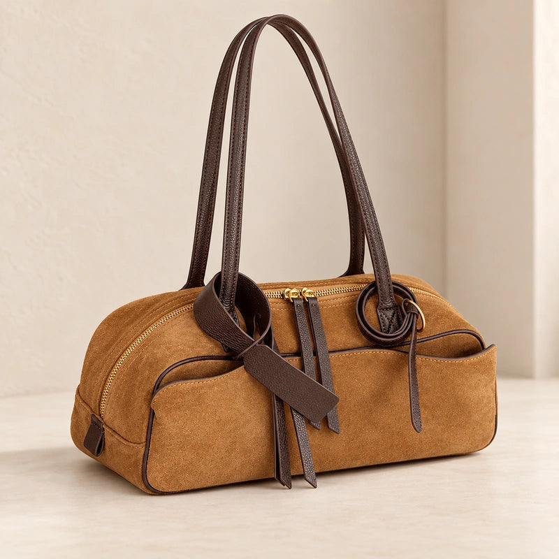 Sac cabas cuir velours femme marron petit, vue trois quarts