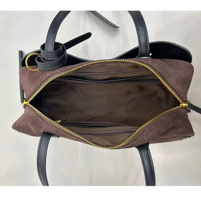 Sac cabas cuir velours femme café, vue de l’intérieur