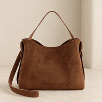 Sac cabas daim compact femme marron, face avec bandoulière