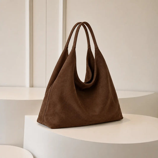 Grand sac cabas vintage daim marron — vue de face sur fond blanc