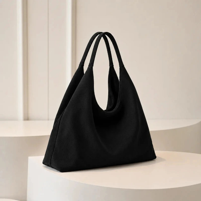 Grand sac cabas vintage daim noir — vue de face sur fond blanc