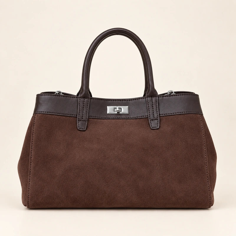 Sac cabas daim porté épaule femme café, vue de face