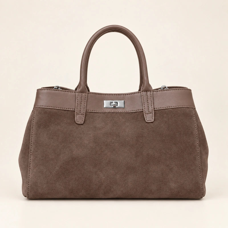 Sac cabas daim porté épaule femme marron, vue de face